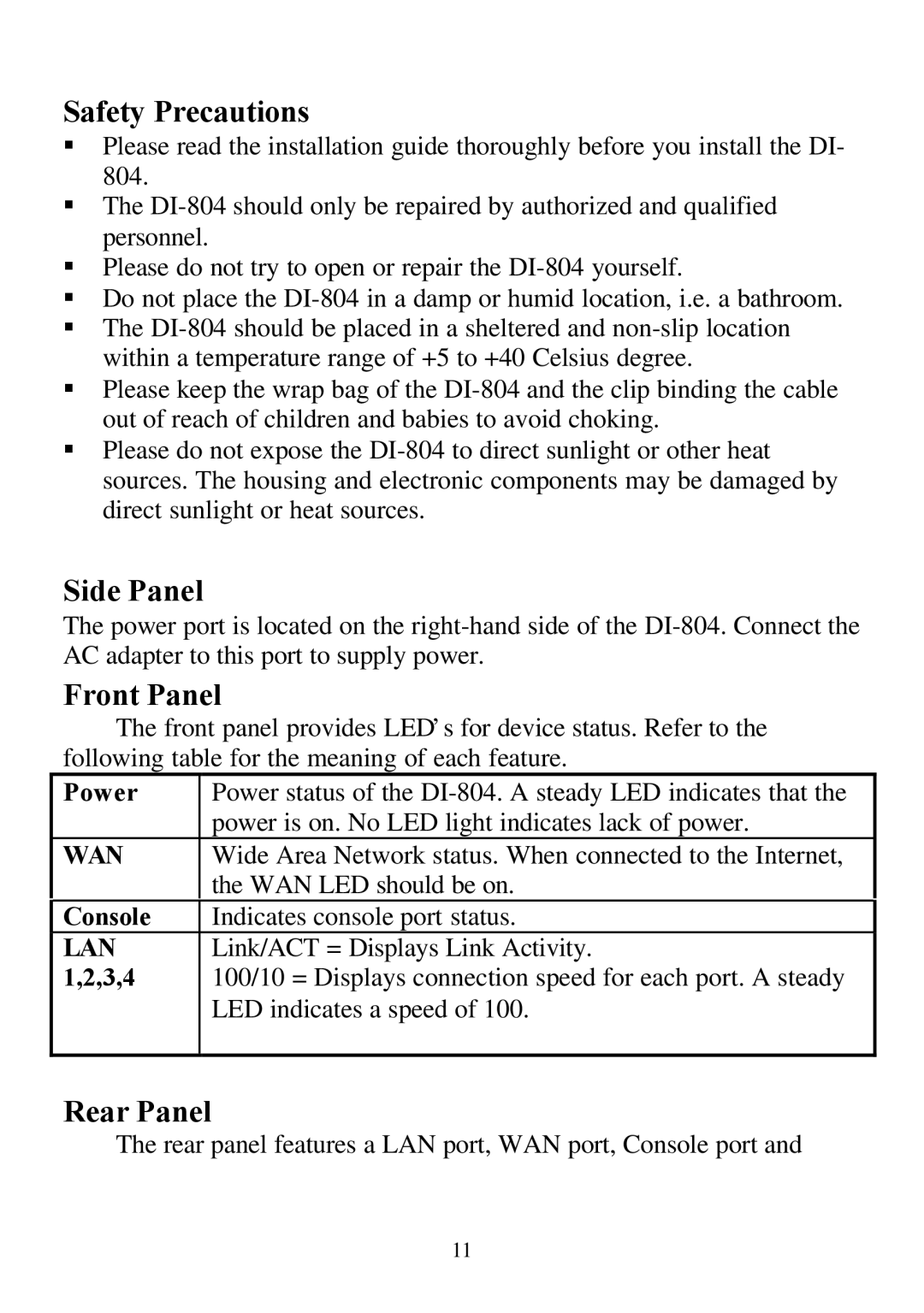 D-Link DI-804 user manual Safety Precautions, Side Panel, Front Panel, Rear Panel 