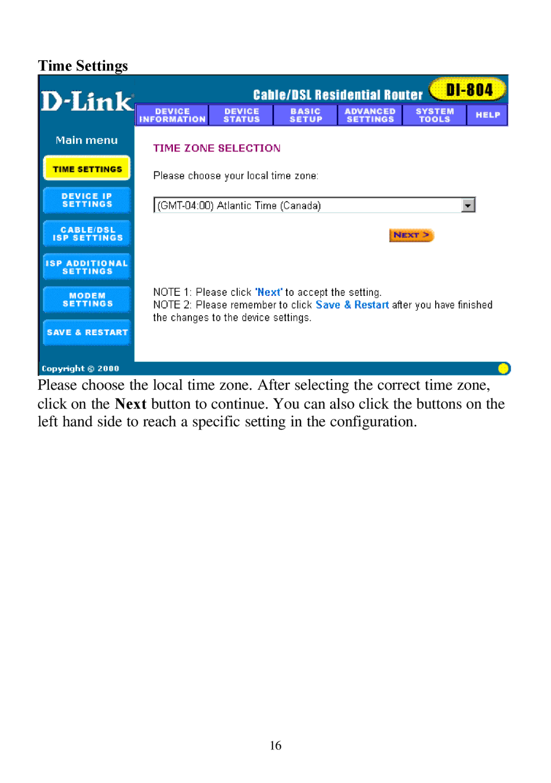 D-Link DI-804 user manual Time Settings 