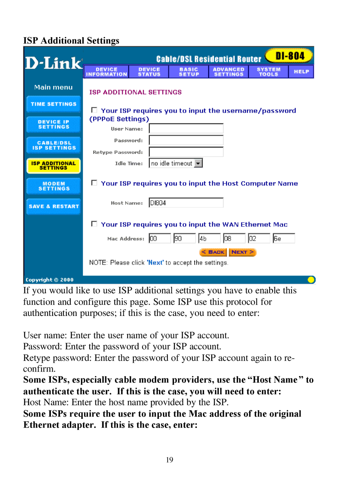 D-Link DI-804 user manual ISP Additional Settings 