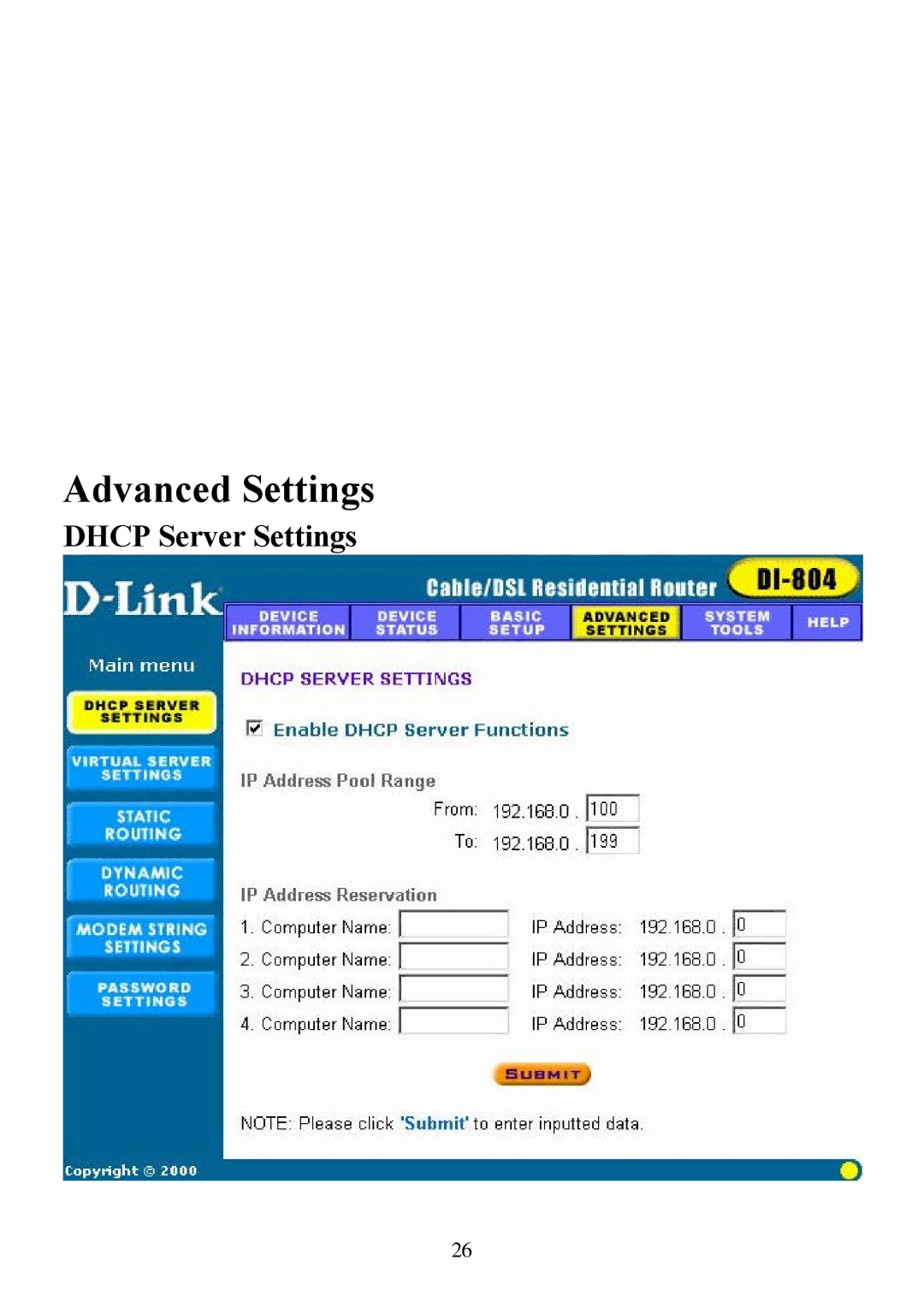 D-Link DI-804 user manual Advanced Settings, Dhcp Server Settings 