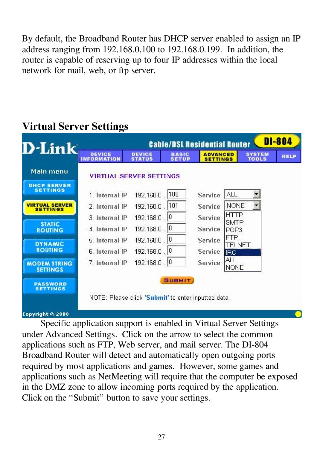 D-Link DI-804 user manual Virtual Server Settings 