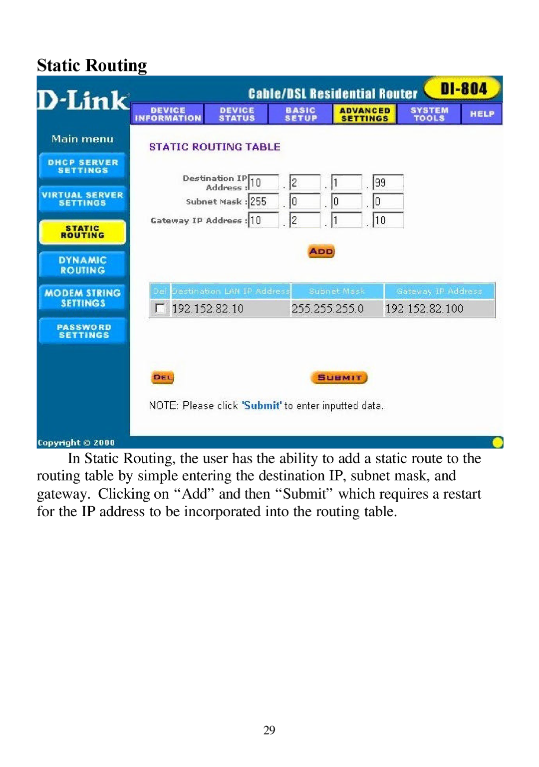 D-Link DI-804 user manual Static Routing 