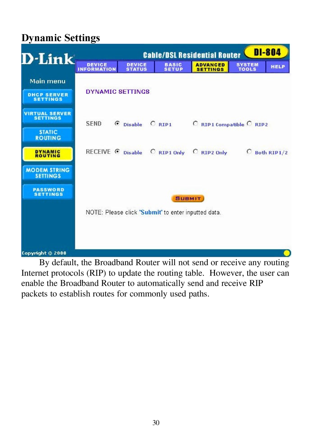 D-Link DI-804 user manual Dynamic Settings 