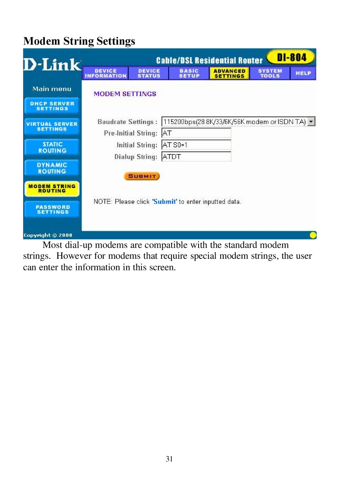 D-Link DI-804 user manual Modem String Settings 