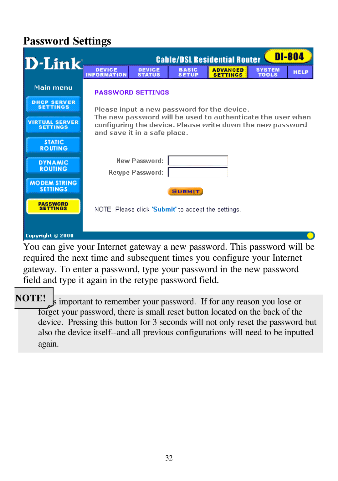 D-Link DI-804 user manual Password Settings 