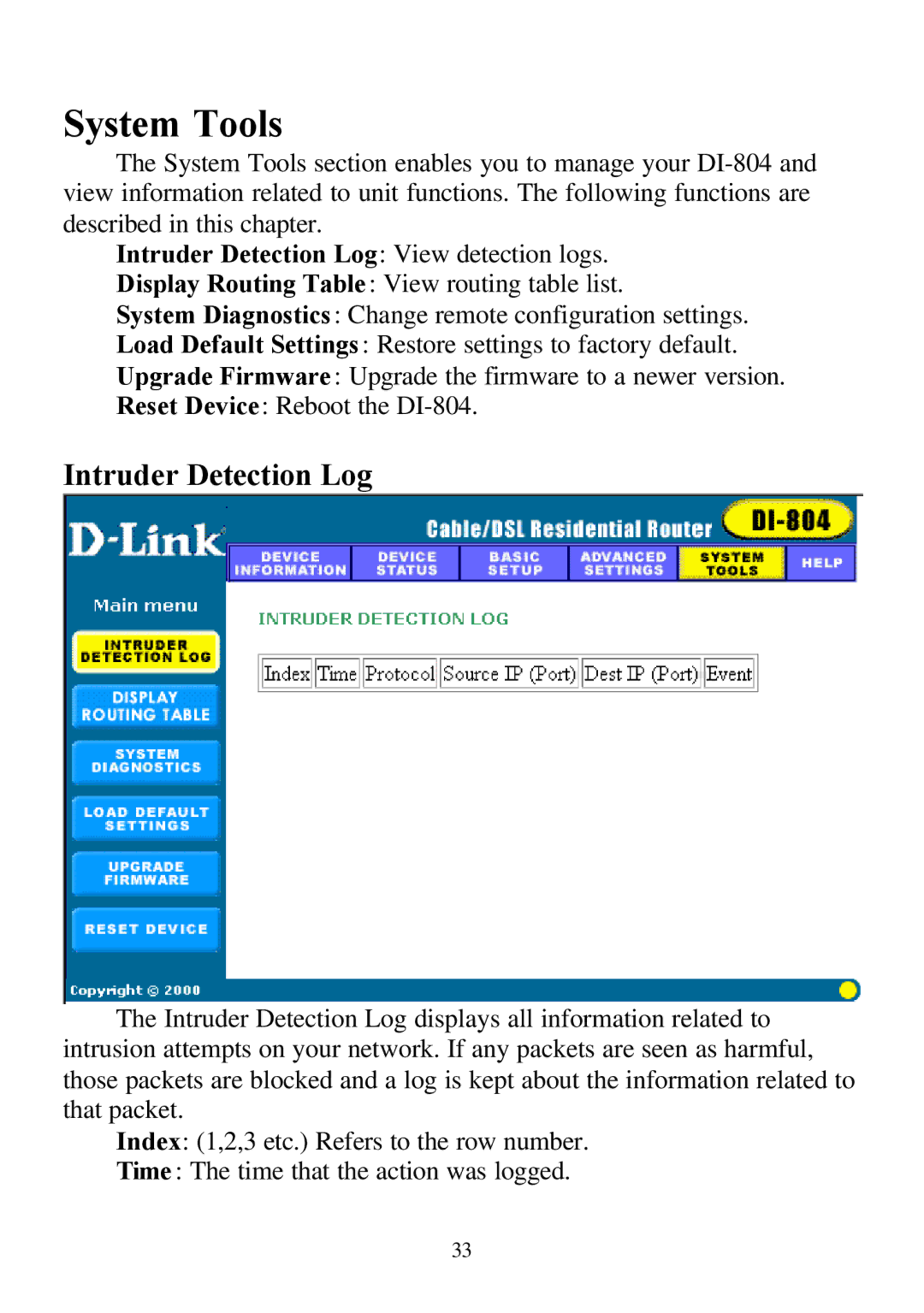 D-Link DI-804 user manual System Tools, Intruder Detection Log View detection logs 