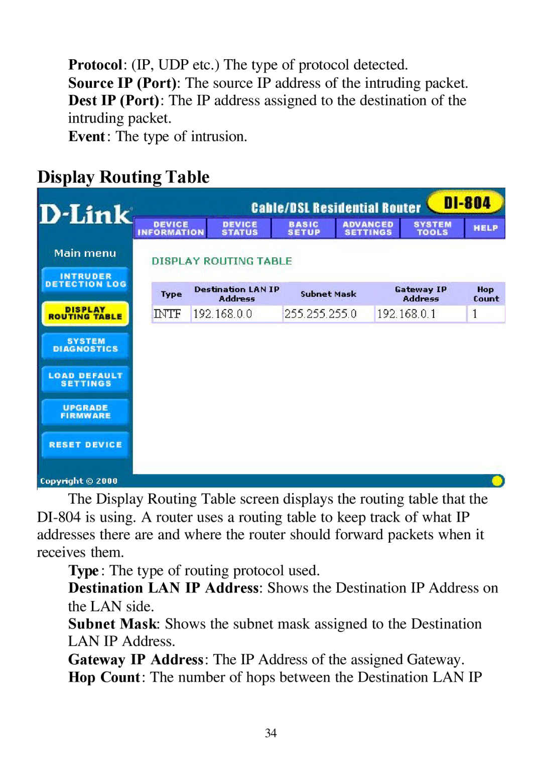 D-Link DI-804 user manual Display Routing Table 