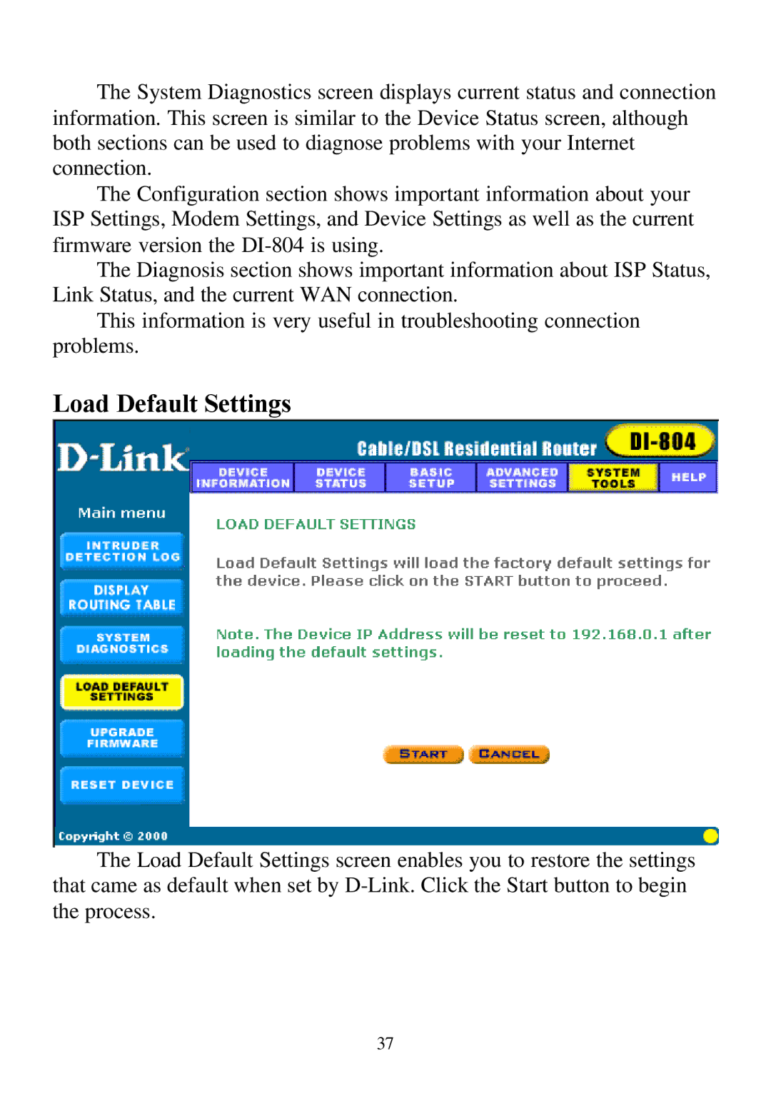 D-Link DI-804 user manual Load Default Settings 