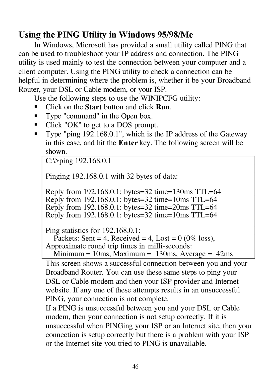 D-Link DI-804 user manual Using the Ping Utility in Windows 95/98/Me 