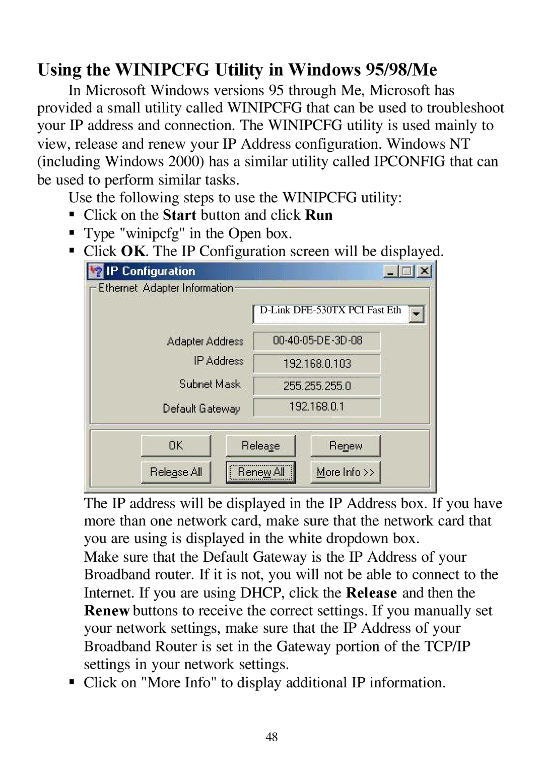 D-Link DI-804 user manual Using the Winipcfg Utility in Windows 95/98/Me 