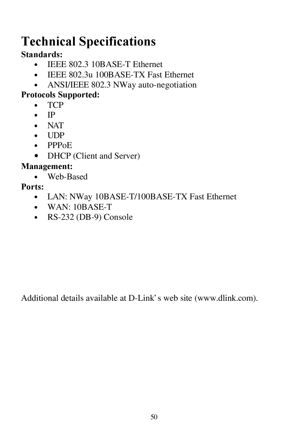 D-Link DI-804 user manual Technical Specifications, Standards, Protocols Supported, Management, Ports 