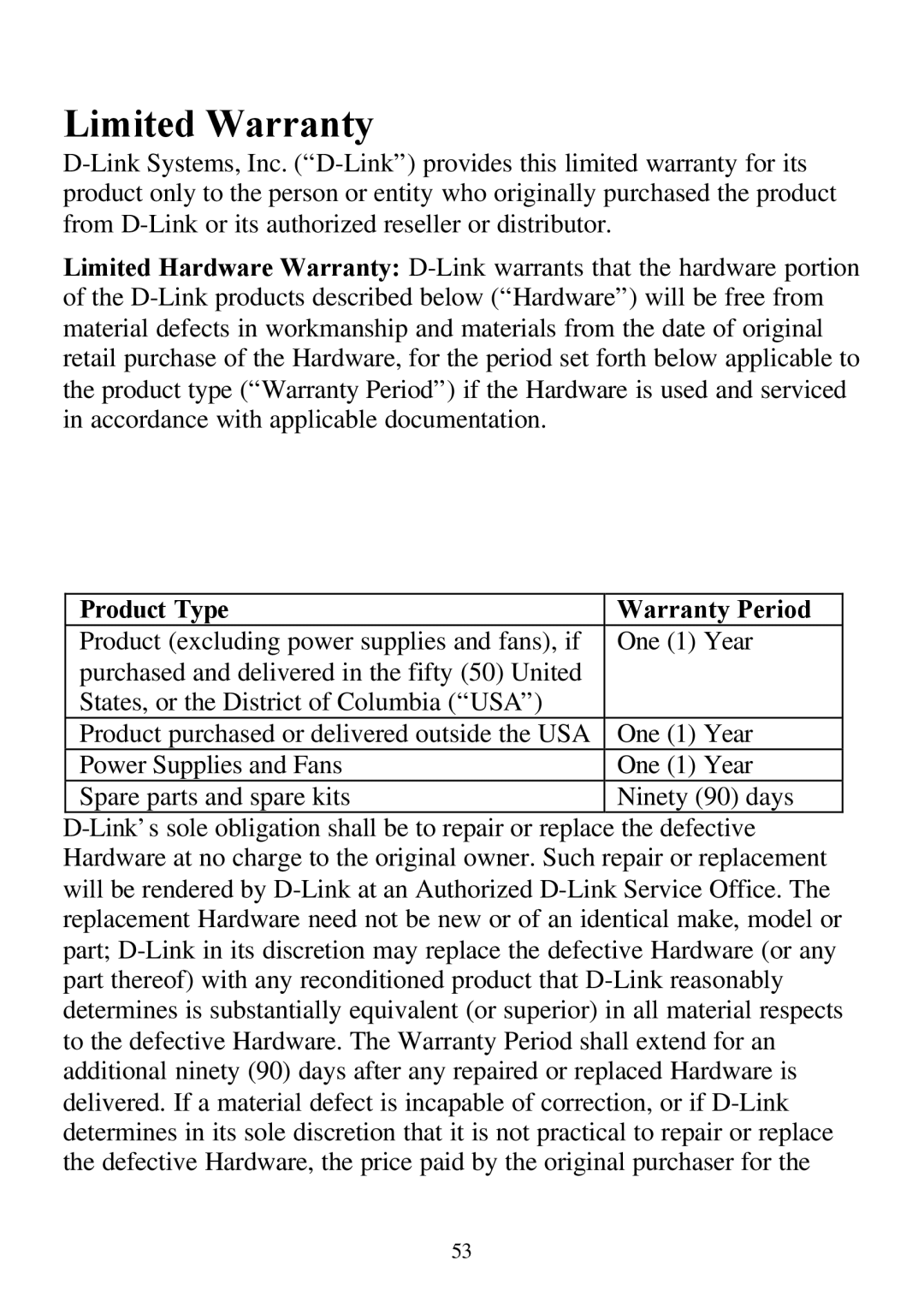 D-Link DI-804 user manual Limited Warranty, Product Type Warranty Period 