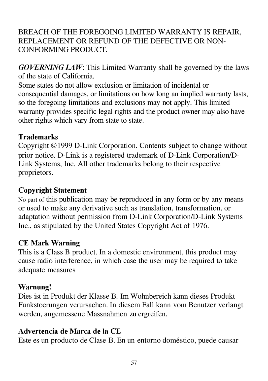 D-Link DI-804 user manual Trademarks, Copyright Statement, CE Mark Warning, Warnung, Advertencia de Marca de la CE 