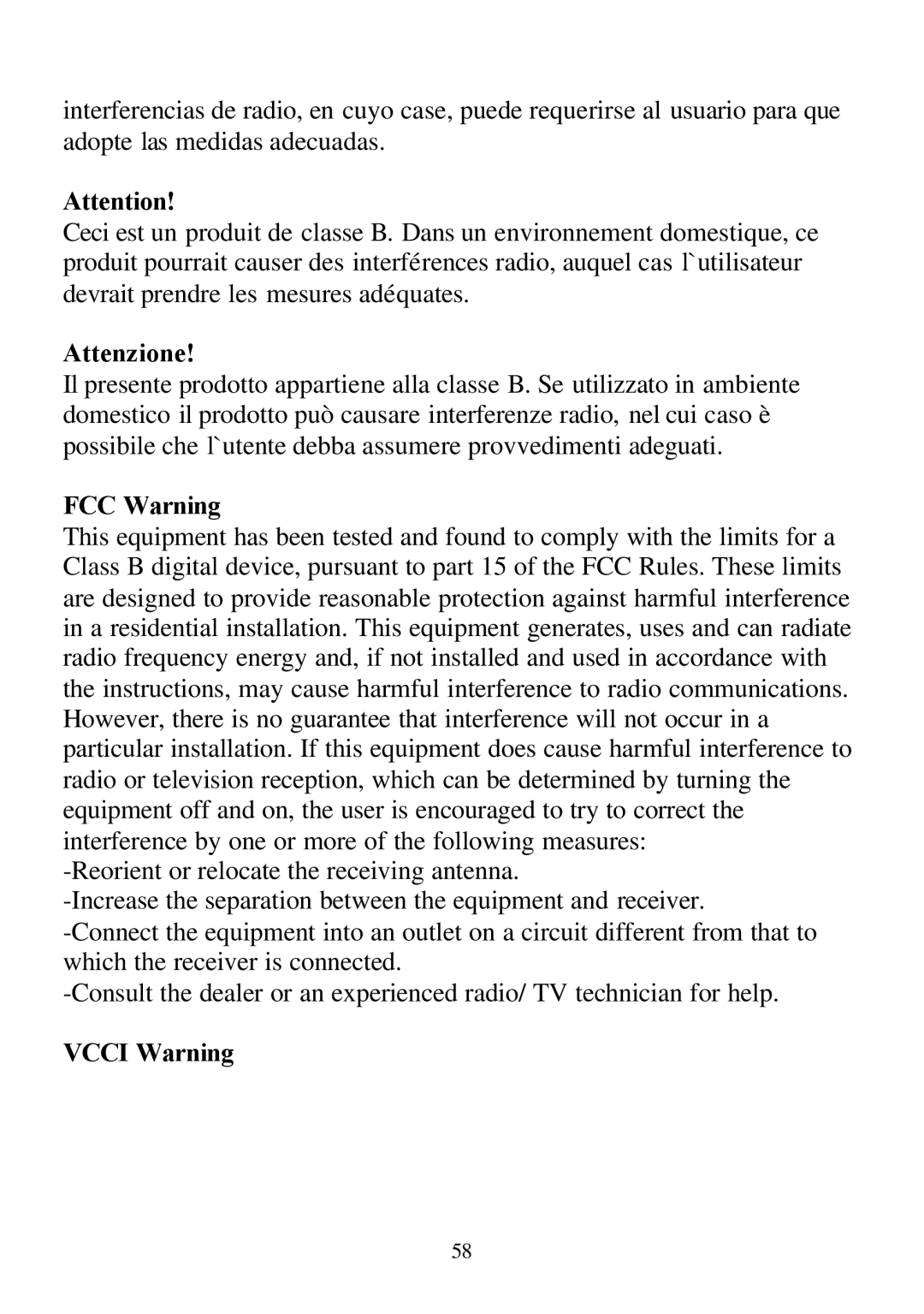 D-Link DI-804 user manual Attenzione, FCC Warning, Vcci Warning 