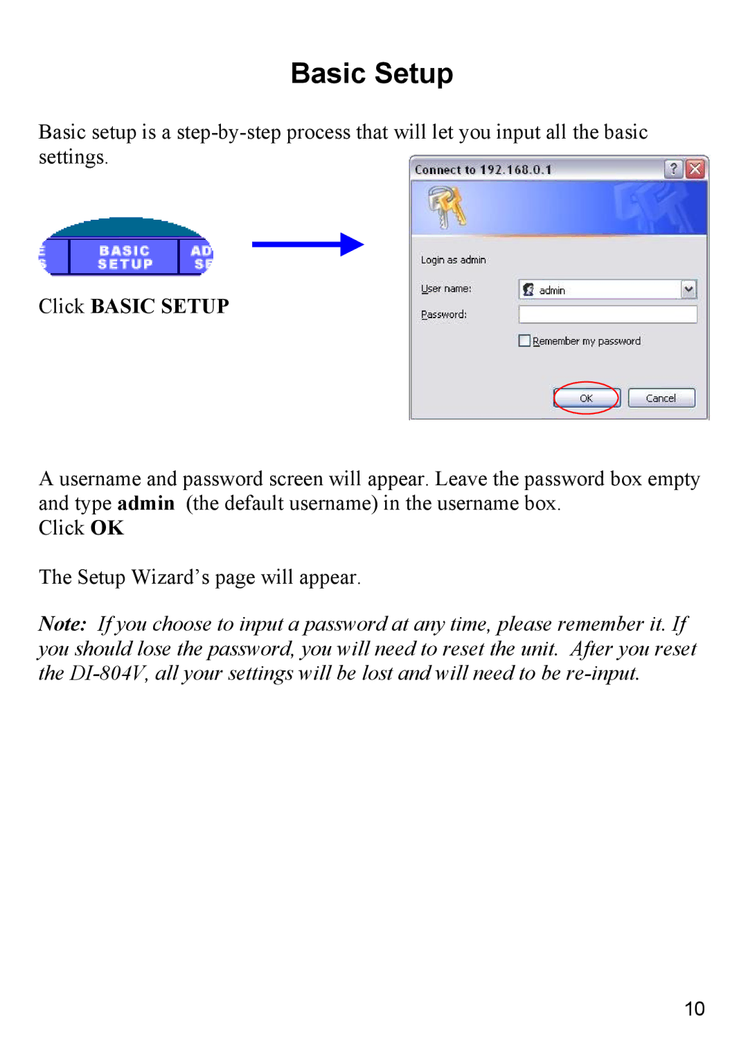 D-Link DI-804V manual Click Basic Setup 