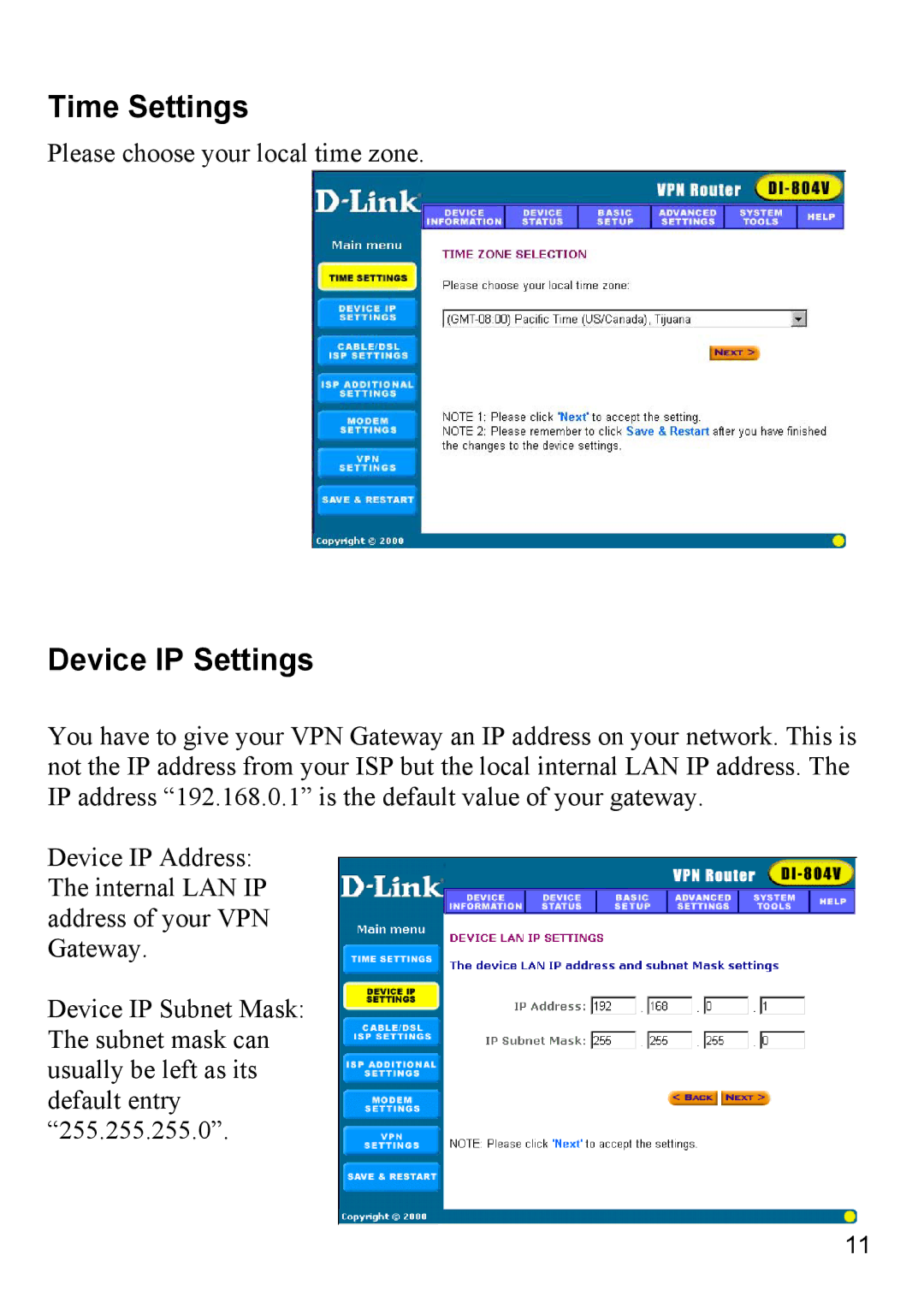 D-Link DI-804V manual Time Settings, Device IP Settings 