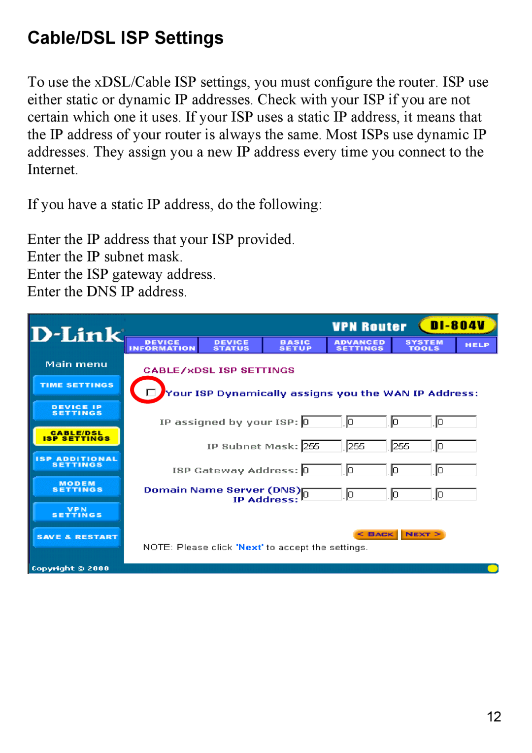 D-Link DI-804V manual Cable/DSL ISP Settings 