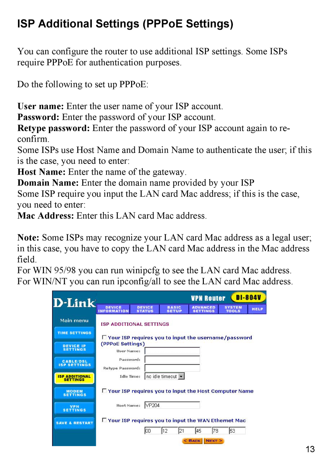 D-Link DI-804V manual ISP Additional Settings PPPoE Settings 