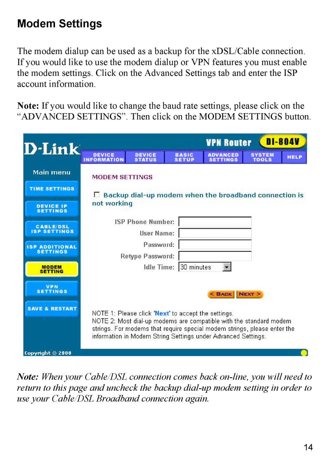 D-Link DI-804V manual Modem Settings 