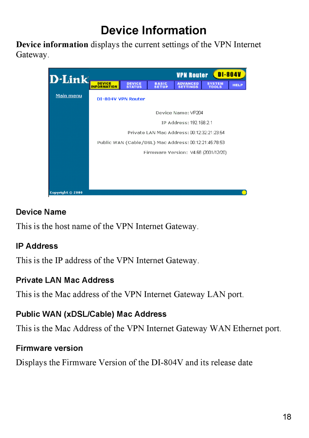 D-Link DI-804V manual Device Information 