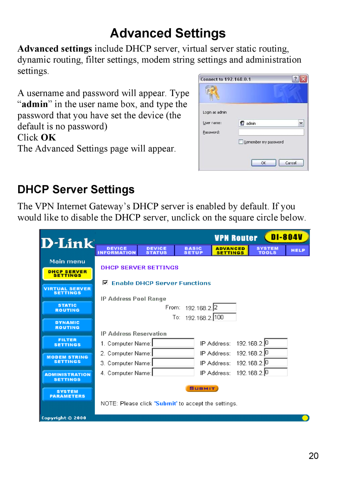 D-Link DI-804V manual Advanced Settings, Dhcp Server Settings 