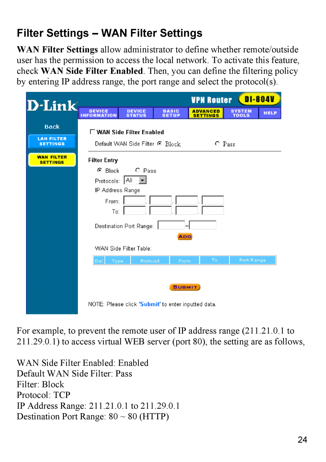 D-Link DI-804V manual Filter Settings WAN Filter Settings 