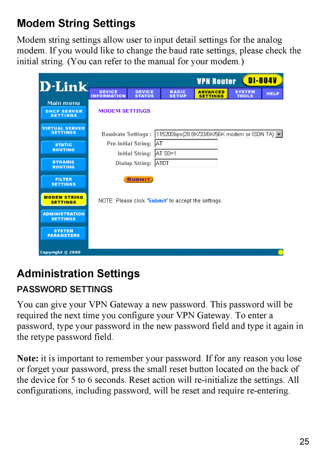 D-Link DI-804V manual Modem String Settings, Administration Settings 