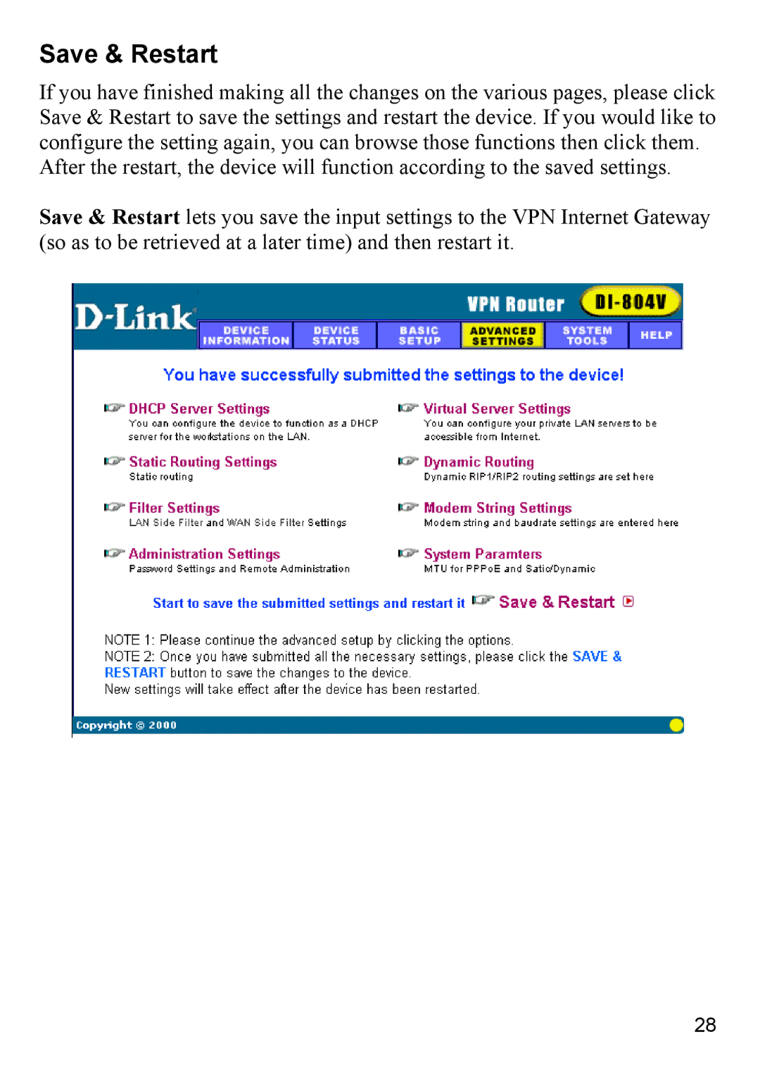 D-Link DI-804V manual Save & Restart 