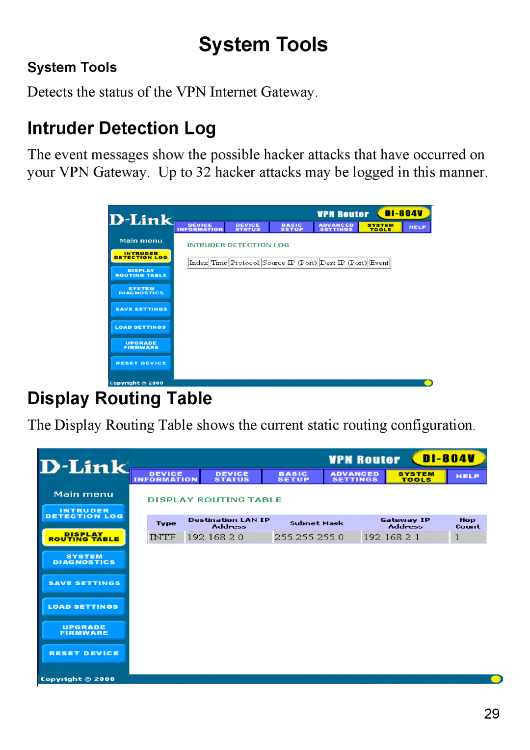 D-Link DI-804V manual System Tools, Intruder Detection Log, Display Routing Table 