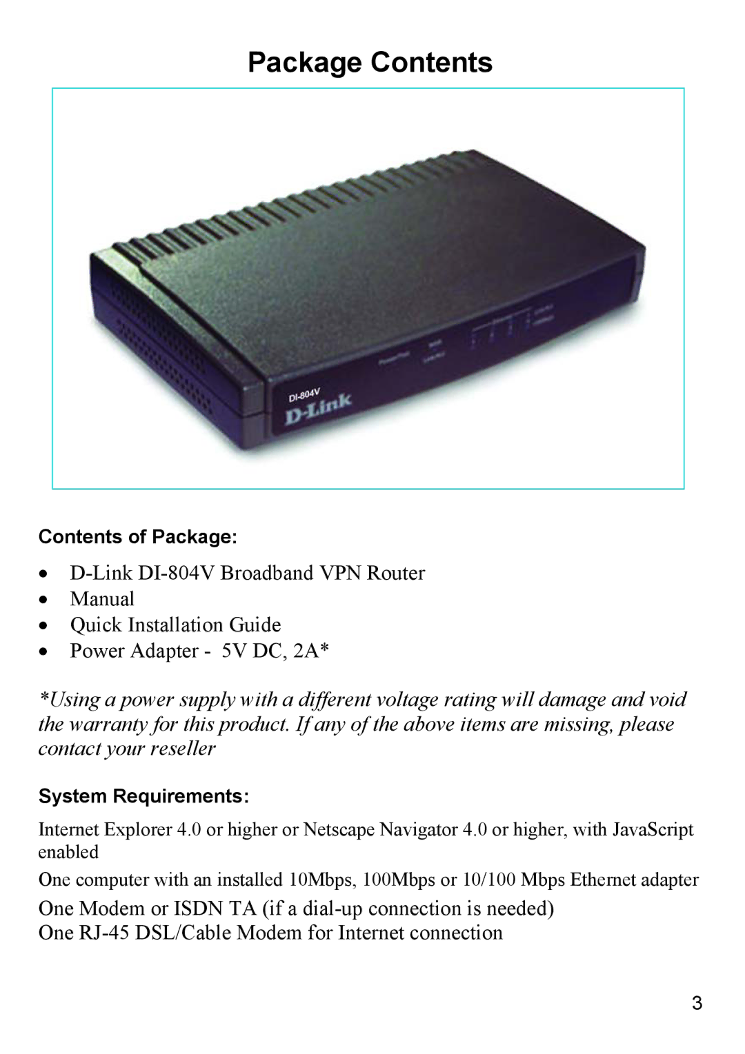 D-Link DI-804V manual Package Contents 