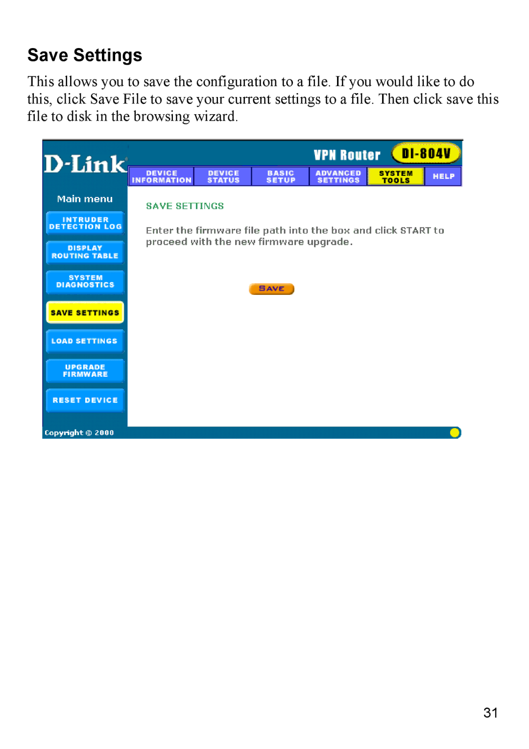 D-Link DI-804V manual Save Settings 