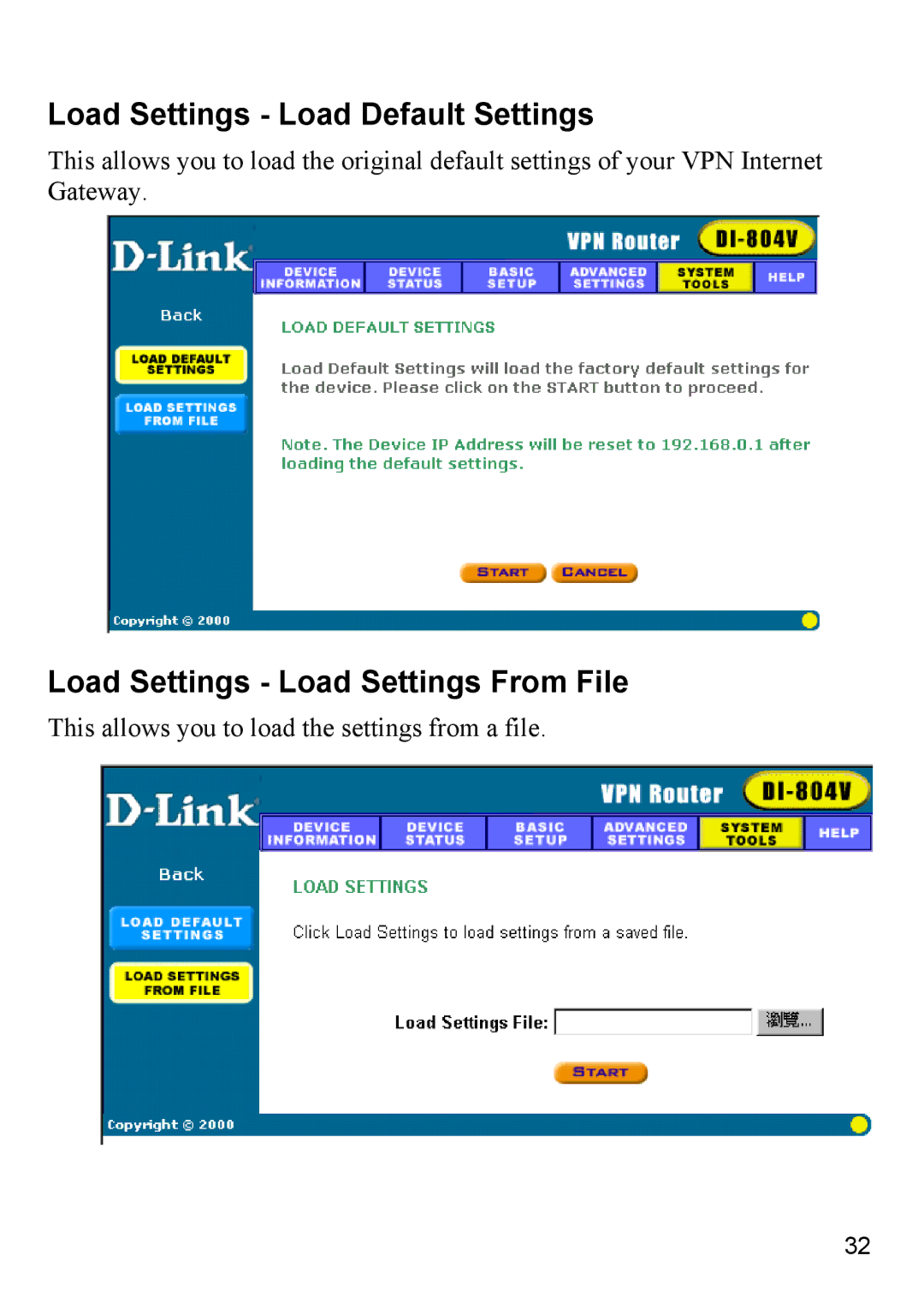 D-Link DI-804V manual Load Settings Load Default Settings, Load Settings Load Settings From File 