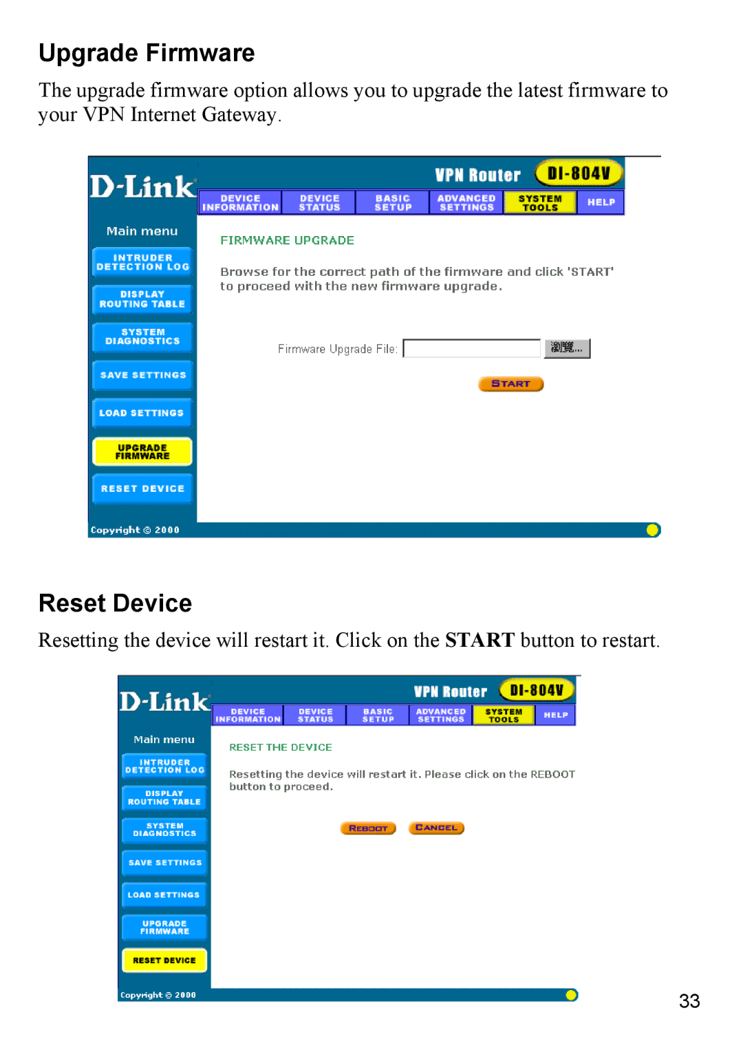 D-Link DI-804V manual Upgrade Firmware, Reset Device 