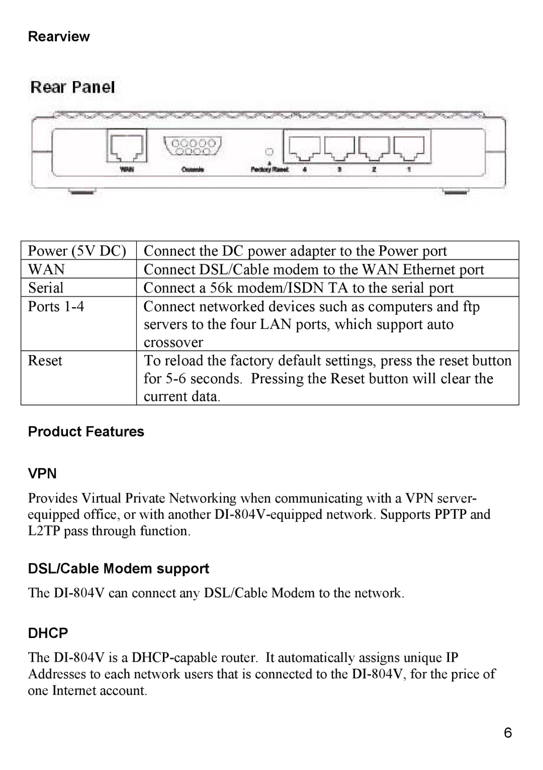 D-Link DI-804V manual Power 5V DC Connect the DC power adapter to the Power port 