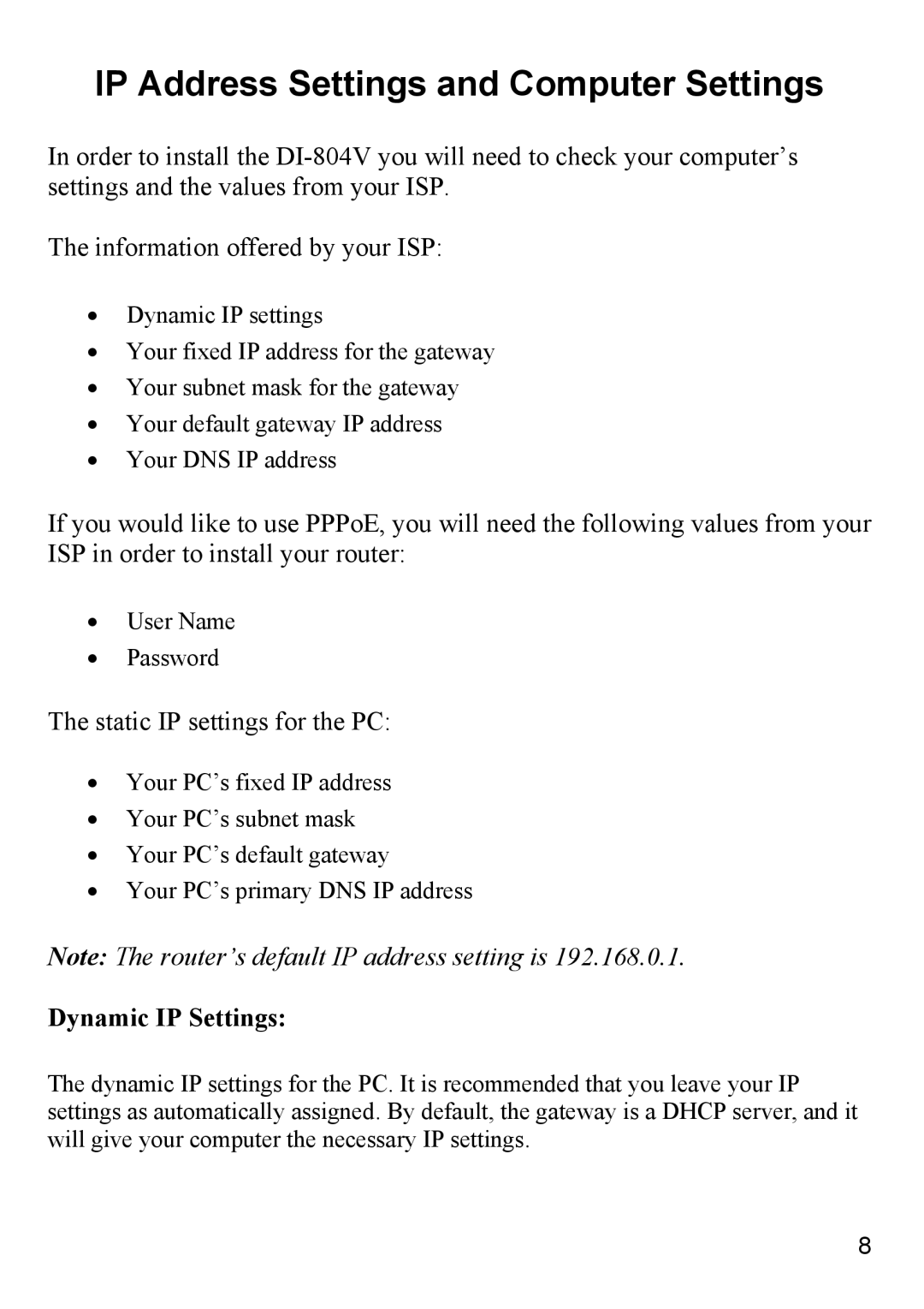 D-Link DI-804V manual IP Address Settings and Computer Settings, Static IP settings for the PC 