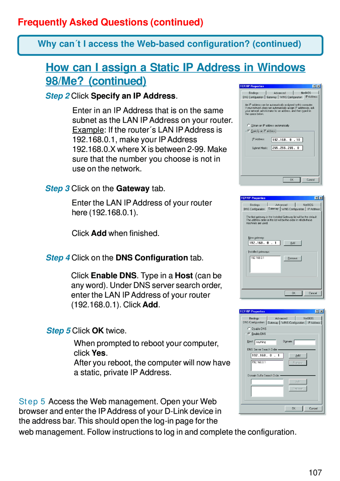 D-Link DI-824VUP manual Click Specify an IP Address, Click on the DNS Configuration tab 