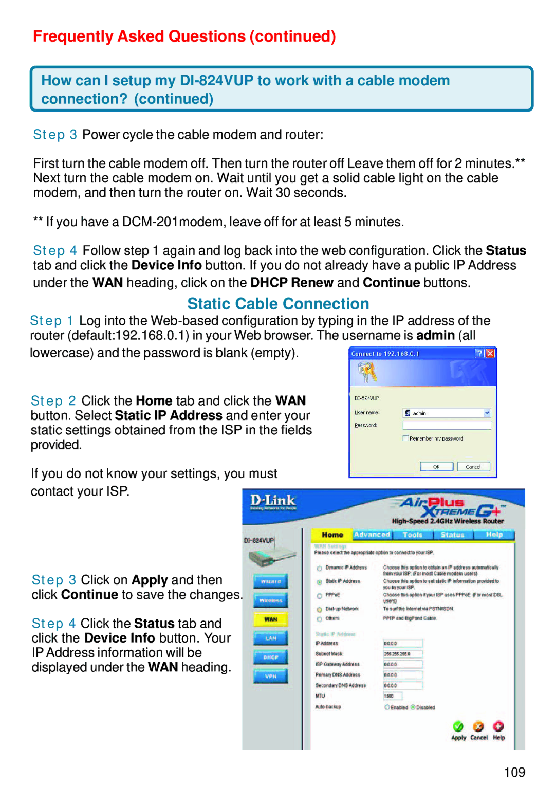 D-Link DI-824VUP manual Static Cable Connection 