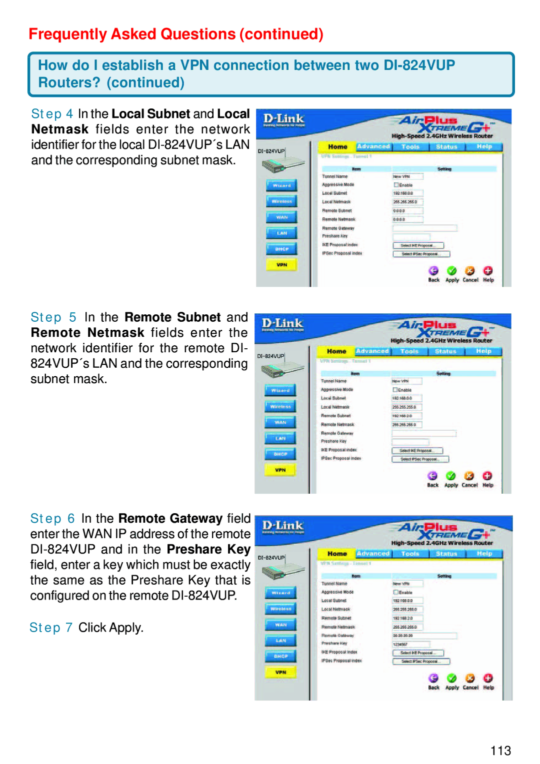 D-Link DI-824VUP manual Click Apply 113 