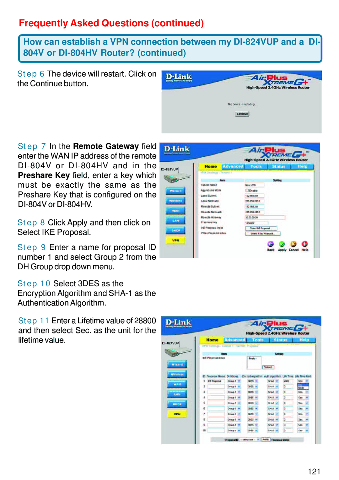 D-Link DI-824VUP manual Device will restart. Click on the Continue button 