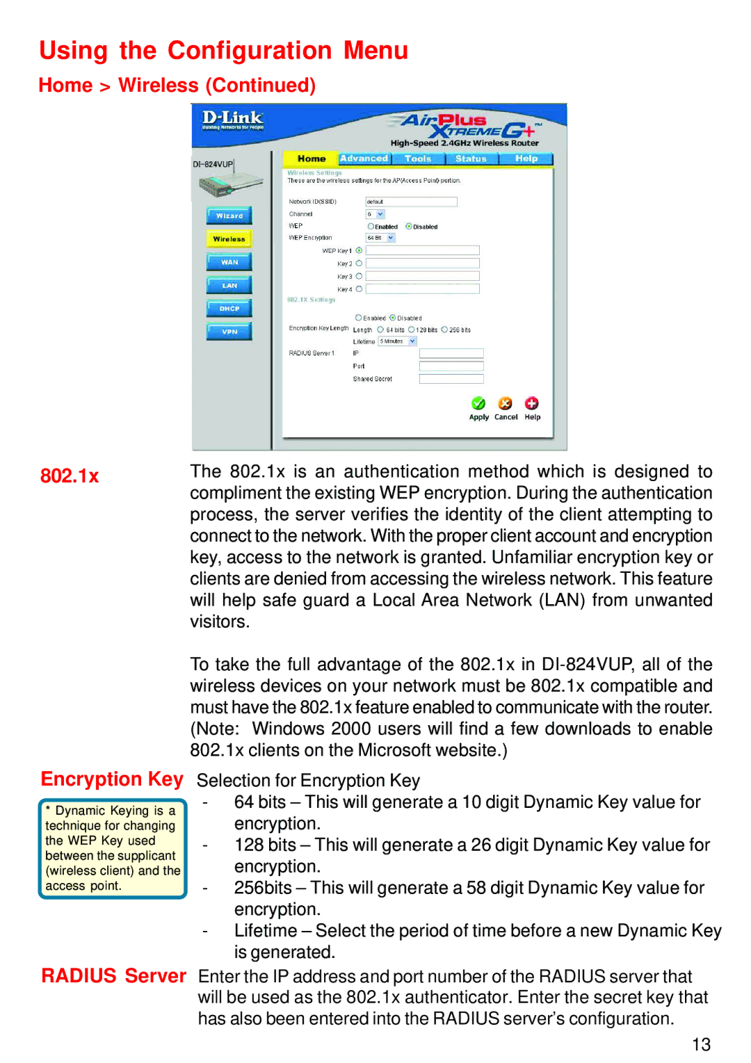 D-Link DI-824VUP manual Home Wireless 802.1x Encryption Key, Radius Server 