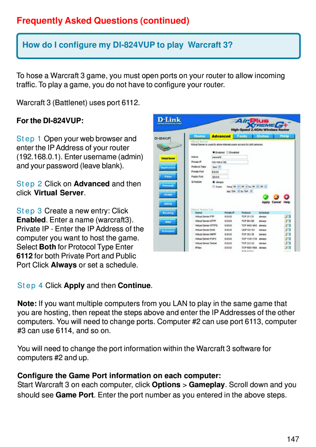 D-Link manual For the DI-824VUP, Configure the Game Port information on each computer 