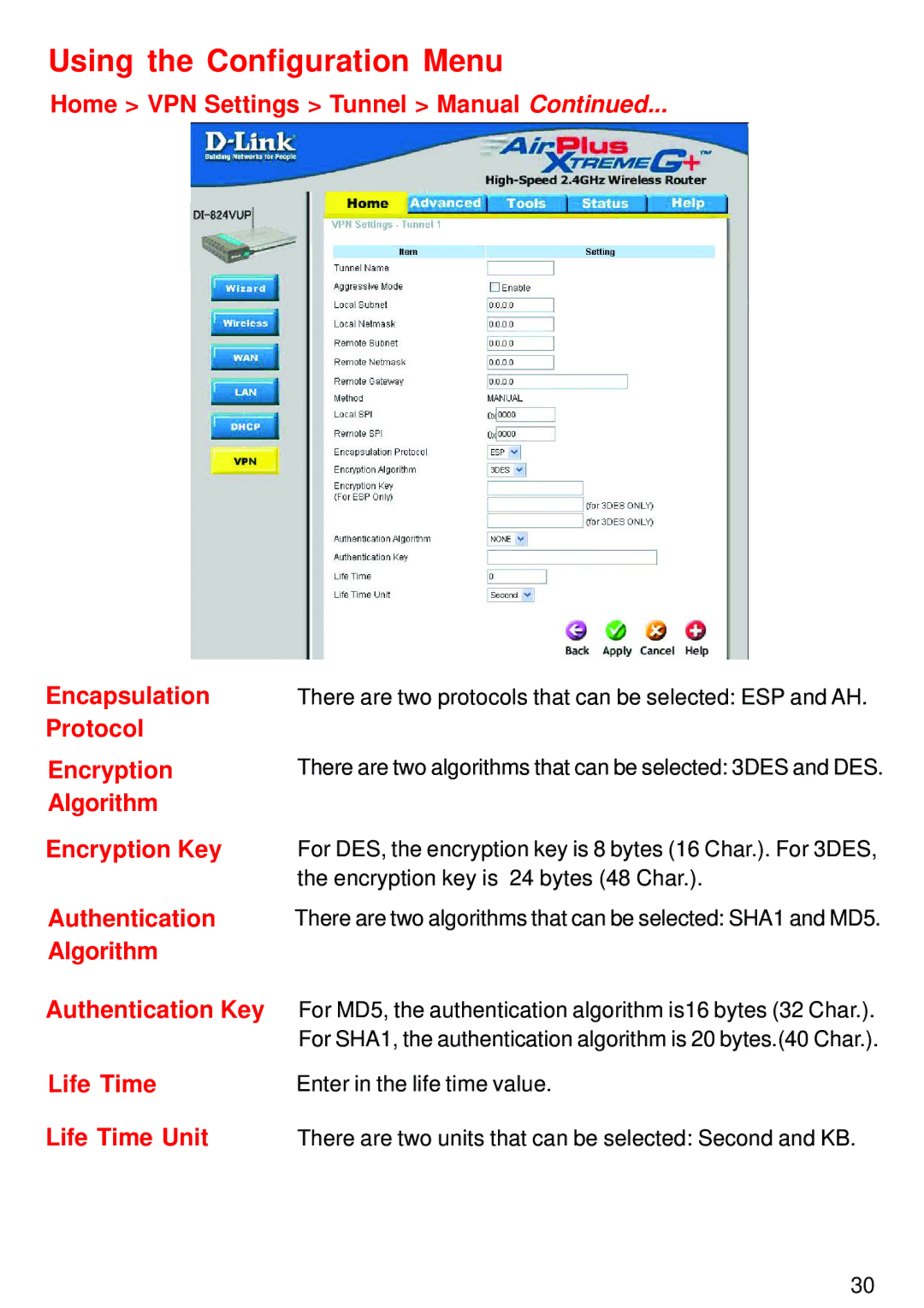 D-Link DI-824VUP manual Home VPN Settings Tunnel Manual Encapsulation, Protocol Encryption, Algorithm Encryption Key 