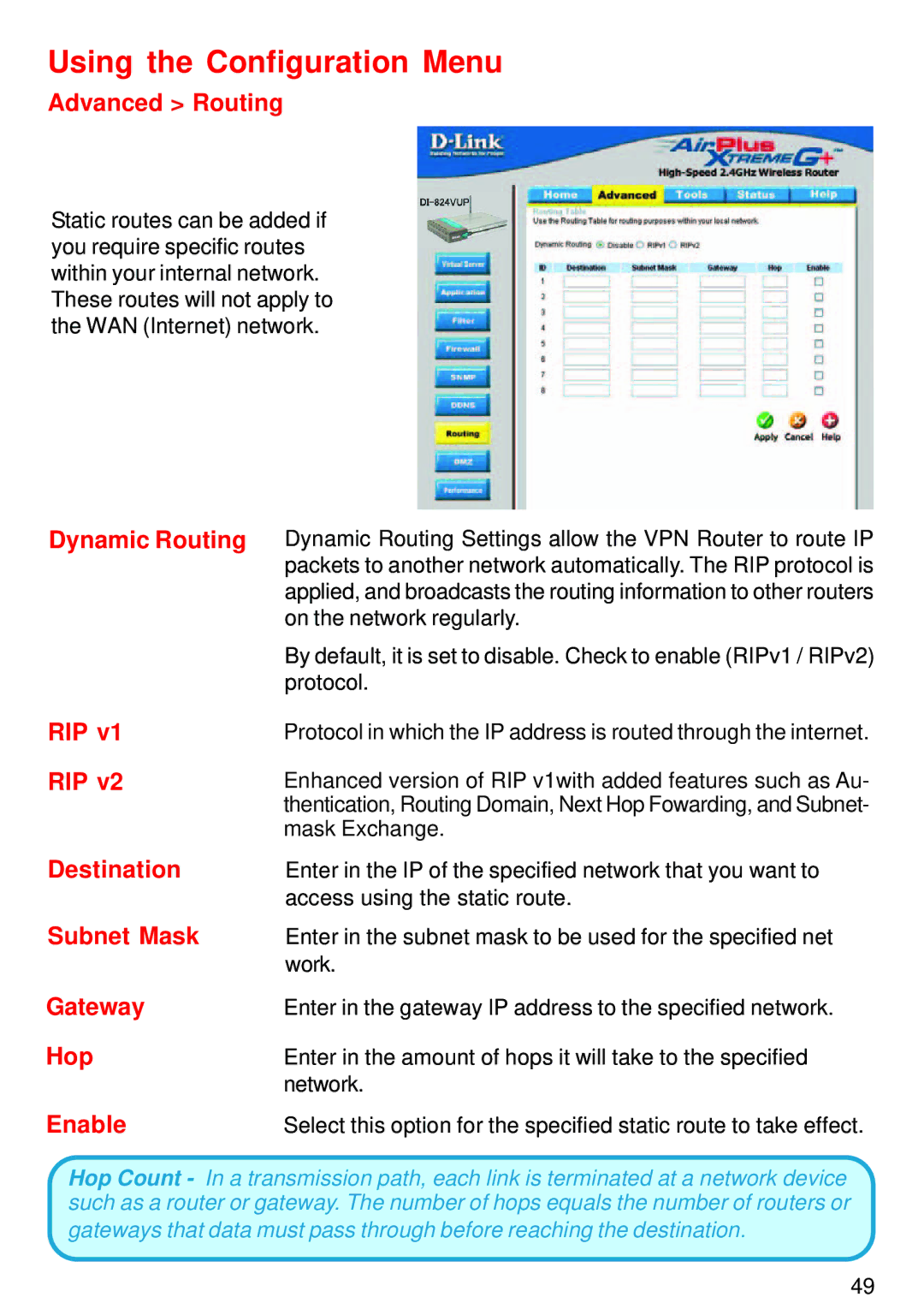 D-Link DI-824VUP manual Advanced Routing, Dynamic Routing, Rip, Destination, Gateway, Hop, Enable 