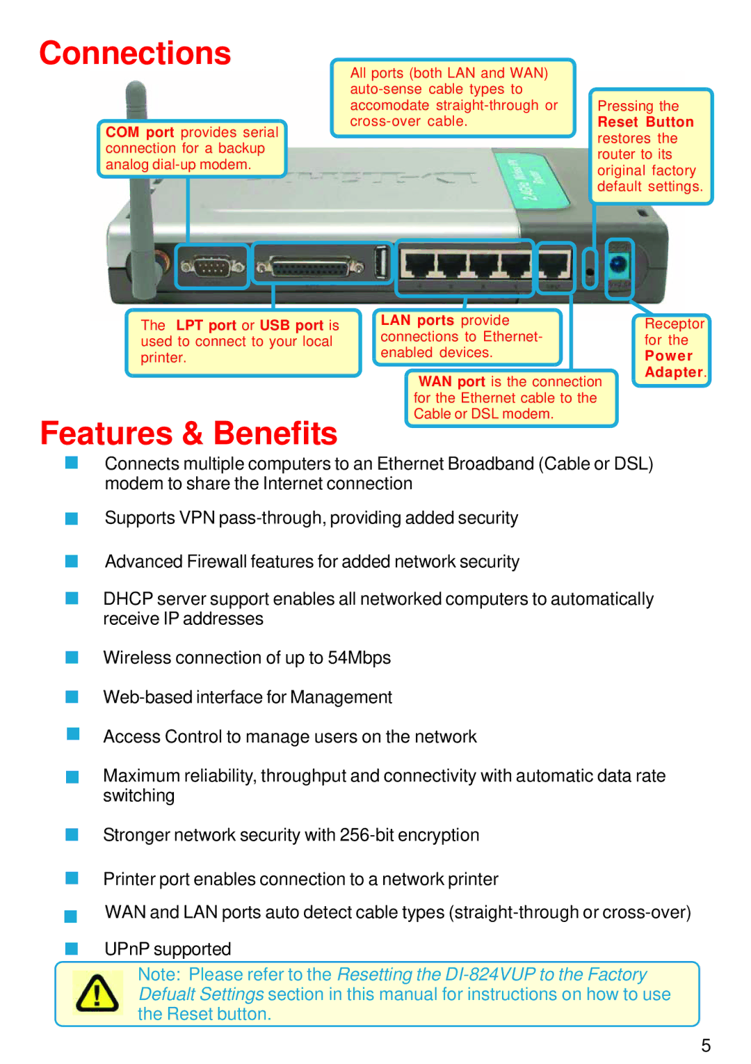 D-Link DI-824VUP manual Connections 