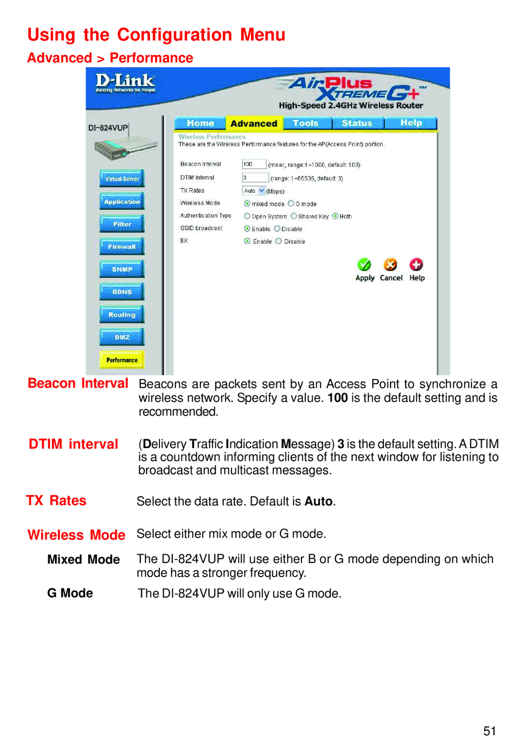 D-Link DI-824VUP manual Advanced Performance, TX Rates Wireless Mode, Mixed Mode 