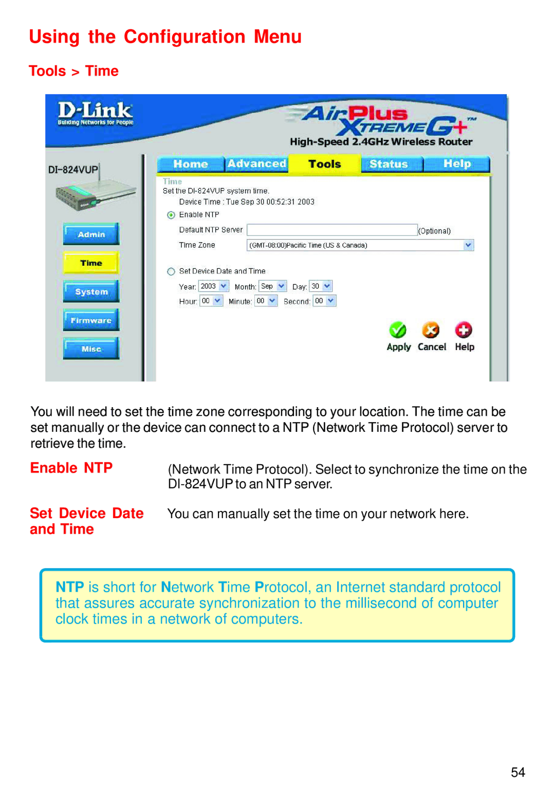 D-Link DI-824VUP manual Tools Time, Enable NTP, Set Device Date 