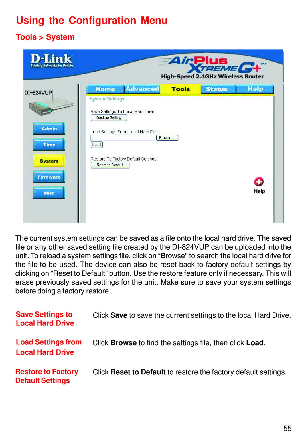 D-Link DI-824VUP manual Tools System 