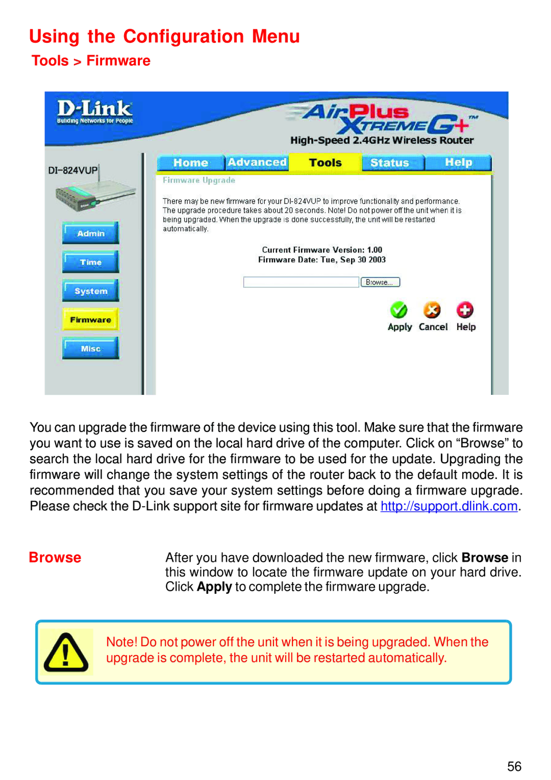 D-Link DI-824VUP manual Tools Firmware, Browse 