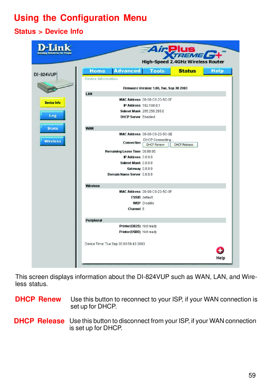 D-Link DI-824VUP manual Status Device Info 