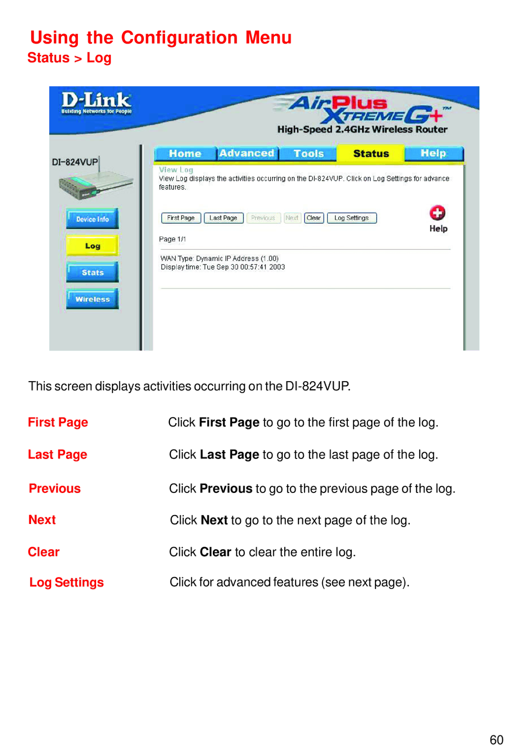 D-Link DI-824VUP manual Status Log 